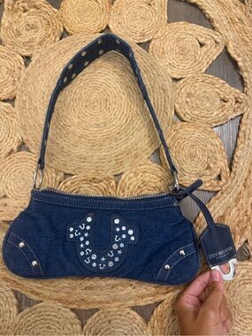 True Religion Navy Denim Shoulder Bag with Studded Horseshoe